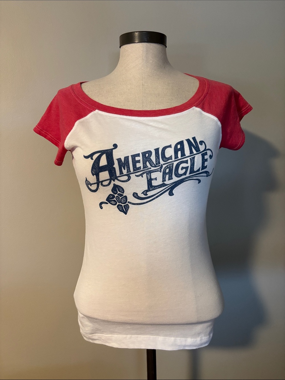 American Eagle Outfitters White Tee with Red Raglan Sleeves and Navy Logo
